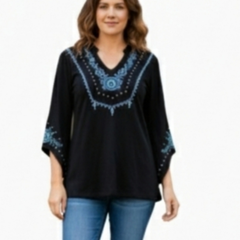 Pink Cattlelac Black Embroidered Tunic Top Size S Turquoise Detail Bell Sleeve